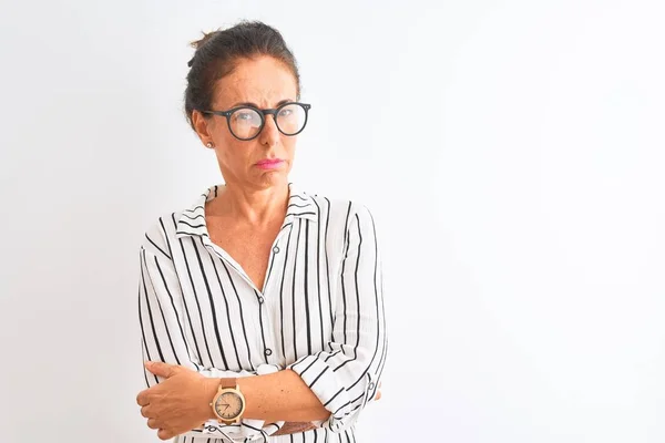 Middle Age Businesswoman Wearing Striped Dress Glasses Isolated White Background — Stock Photo, Image