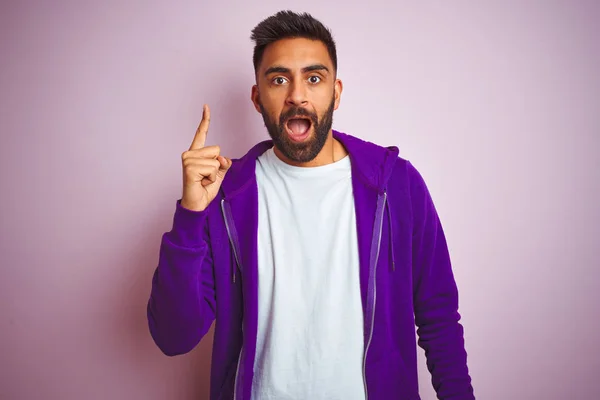 Young Indian Man Wearing Purple Sweatshirt Standing Isolated Pink Background — Stock Photo, Image