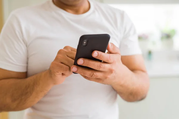 Close Middle Age Man Hands Using Smartphone Home — Stock Photo, Image