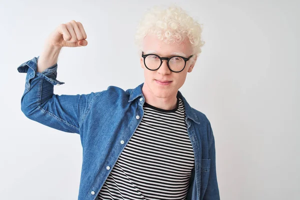 Unga Albino Blond Man Bär Denim Skjorta Och Glasögon Över — Stockfoto