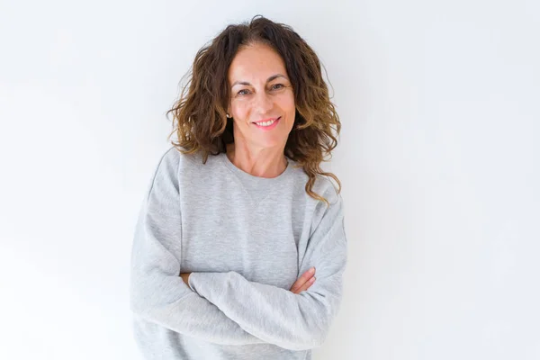 Mulher Meia Idade Bonita Com Cabelo Encaracolado Sorrindo Alegre Feliz — Fotografia de Stock