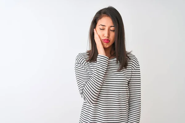 Young Beautiful Chinese Woman Wearing Striped Shirt Standing Isolated White — Stock Photo, Image