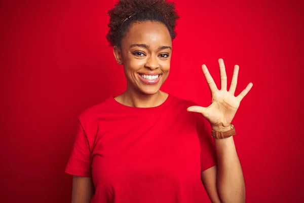 Young Beautiful African American Woman Afro Hair Isolated Red Background — Stock Photo, Image