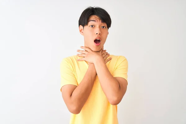 Chinese Man Wearing Yellow Casual Shirt Standing Isolated White Background — Stock Photo, Image