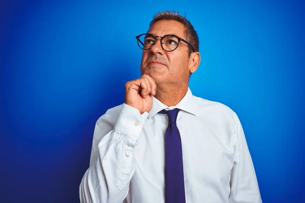 Vacker Medelålders Affärsman Bär Glasögon Stående Över Isolerad Blå Bakgrund — Stockfoto
