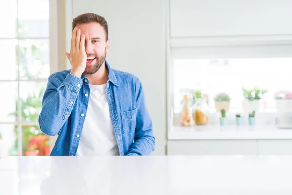 Handsome Man Home Covering One Eye Hand Confident Smile Face — Stock Photo, Image