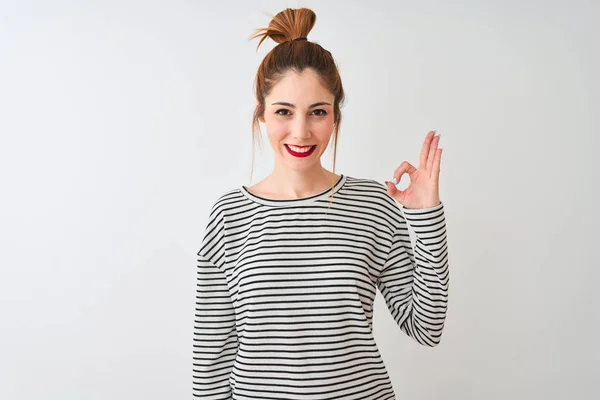 Redhead Woman Wearing Navy Striped Shirt Standing Isolated White Background — 图库照片