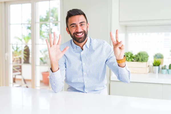 Handsome Hispanic Business Man Showing Pointing Fingers Number Seven While — Stock Photo, Image