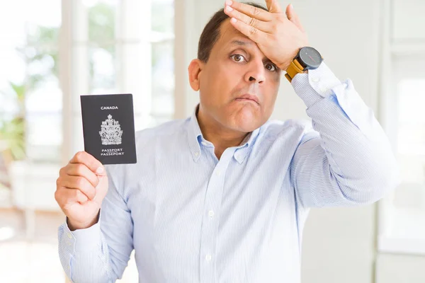 Hombre Mediana Edad Sosteniendo Pasaporte Canadiense Estresado Con Mano Cabeza — Foto de Stock