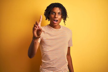 Çizgili t-shirt giyen dreadlocks ile Afro adam başarılı bir fikir ile parmak işaret izole sarı arka plan üzerinde duruyor. Çıktı ve mutlu. Bir numara.