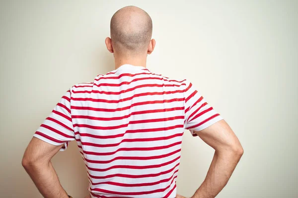 Young Bald Man Beard Wearing Casual Striped Red Shirt White — Stock Photo, Image