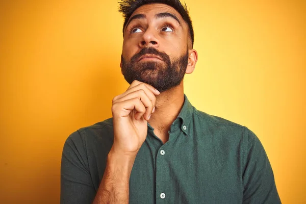 Young Indian Man Wearing Green Shirt Standing Isolated Yellow Background — Stock Photo, Image