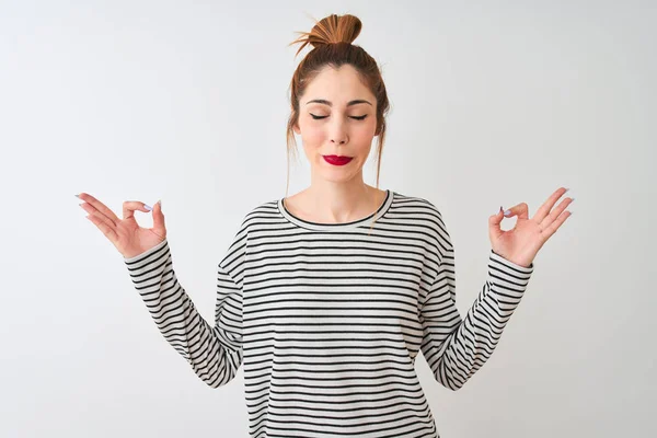 Redhead Woman Wearing Navy Striped Shirt Standing Isolated White Background — Stock Photo, Image