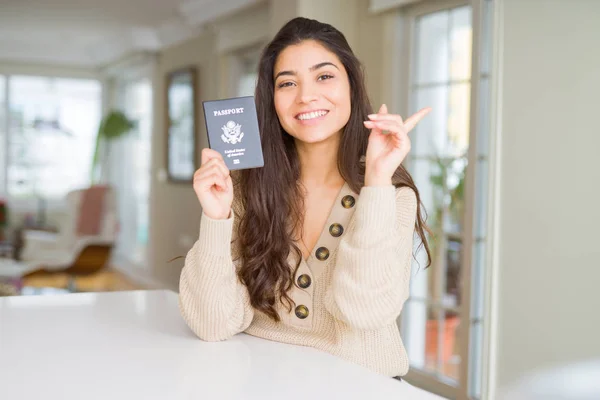 Young Woman Holding Passport United States America Very Happy Pointing — Stock Photo, Image