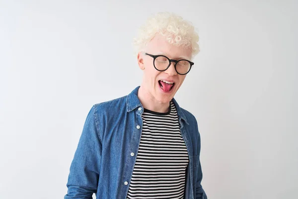 Young Albino Blond Man Wearing Denim Shirt Glasses Isolated White — Stock Photo, Image