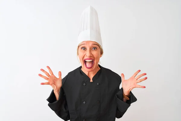 Chef Donna Mezza Età Indossa Uniforme Cappello Piedi Sopra Isolato — Foto Stock