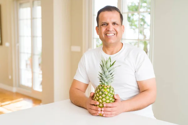 Middle Age Man Eating Fresh Tropical Pineapple Home Happy Face — Stock Photo, Image