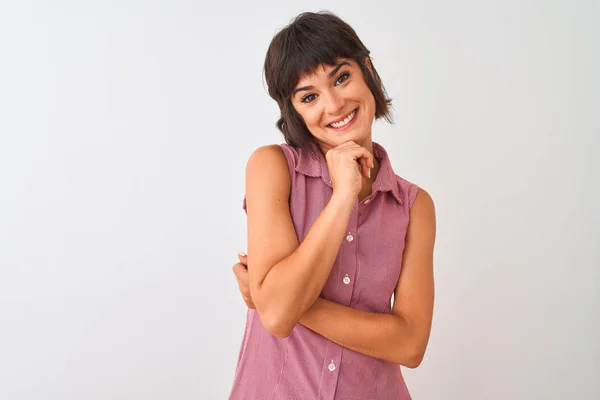 Young Beautiful Woman Wearing Red Summer Shirt Standing Isolated White — Stock Photo, Image