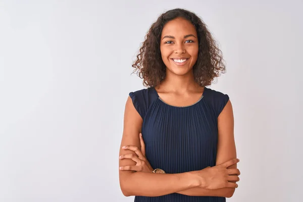 Jonge Braziliaanse Vrouw Dragen Blauwe Jurk Staande Geïsoleerde Witte Achtergrond — Stockfoto