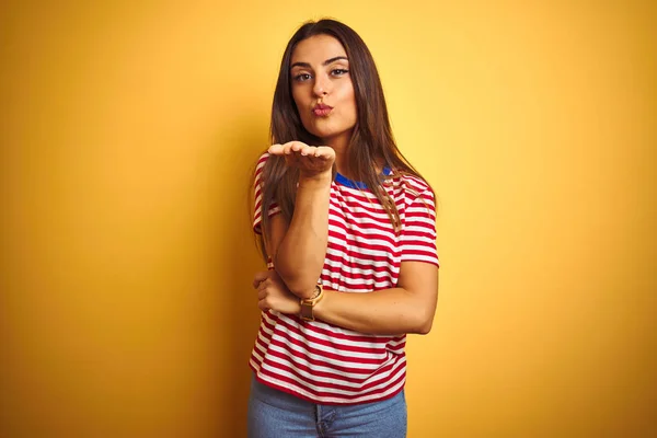 Young Beautiful Woman Wearing Striped Shirt Standing Isolated Yellow Background — Stock Photo, Image