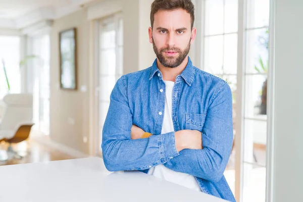 Handsome Man Home Skeptic Nervous Disapproving Expression Face Crossed Arms — Stock Photo, Image