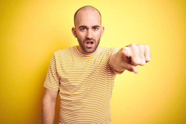 Sakallı genç kel adam sarı izole arka plan üzerinde rahat çizgili t-shirt giyen hoşnut olmayan ve kameraya sinirli işaret, kızgın ve öfkeli