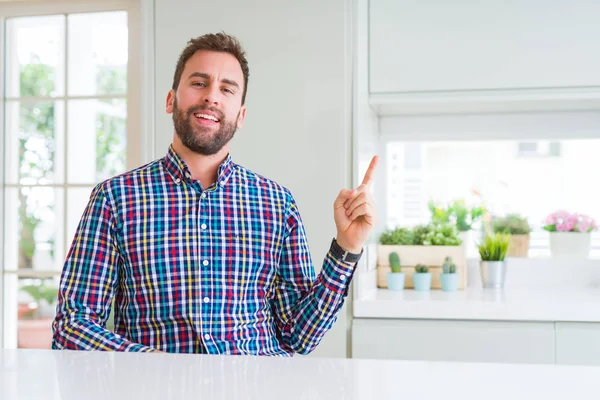 Handsome Man Wearing Colorful Shirt Big Smile Face Pointing Hand — Stock Photo, Image
