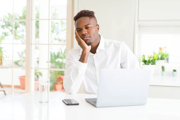 African American Business Man Working Using Laptop Thinking Looking Tired — Stock Photo, Image