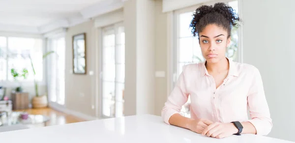 Wide Angle Beautiful African American Woman Afro Hair Depressed Worry — Stock Photo, Image