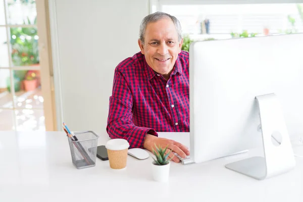 Hombre mayor guapo que trabaja usando la computadora y sonriendo confiado —  Fotos de Stock