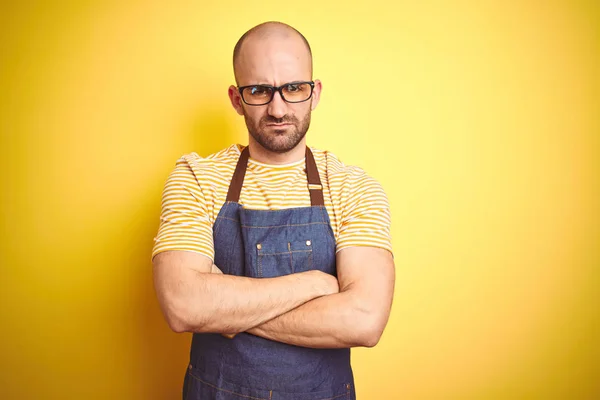 Young Bartender Man Wearing Barista Apron Working Professional Yellow Background — Stock Photo, Image