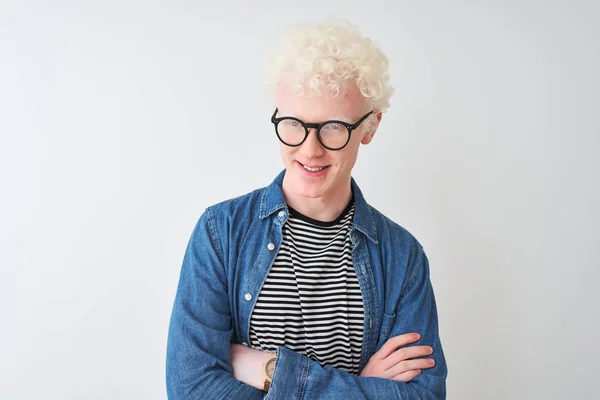 Unga Albino Blond Man Bär Denim Skjorta Och Glasögon Över — Stockfoto