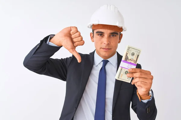 Young Handsome Architect Man Wearing Helmet Holding Dollars Isolated White — Stock Photo, Image