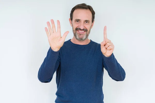 Elegant Senior Man Isolated Background Showing Pointing Fingers Number Six — Stock Photo, Image