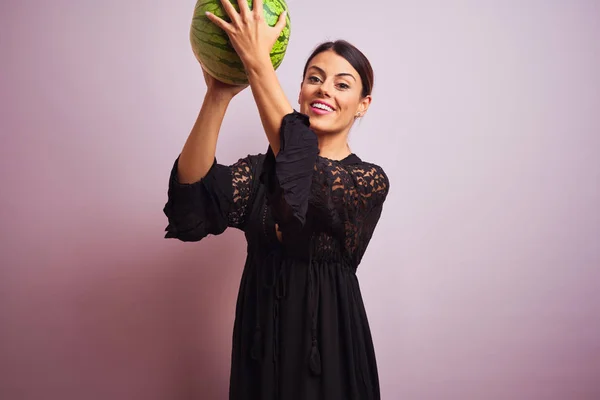 Young Beautiful Hispanic Woman Wearing Black Dress Holding Watermelon — Stock Photo, Image