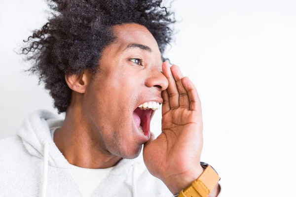 African American Man White Isolated Background Shouting Screaming Loud Side — Stock Photo, Image