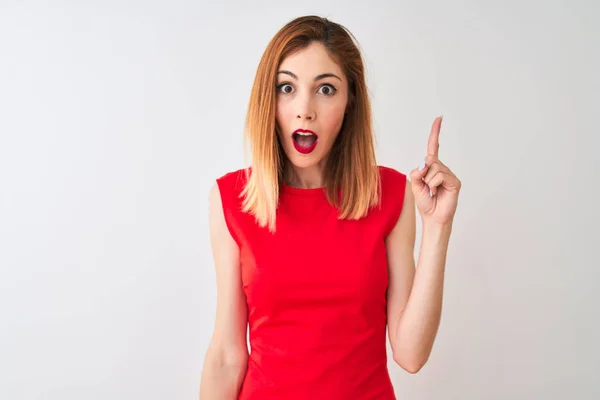 Redhead Businesswoman Wearing Elegant Red Dress Standing Isolated White Background — Stockfoto