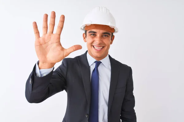 Joven Arquitecto Guapo Vestido Traje Casco Sobre Fondo Blanco Aislado — Foto de Stock