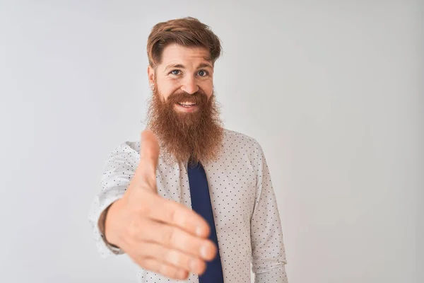 Joven Pelirrojo Empresario Irlandés Pie Sobre Fondo Blanco Aislado Sonriendo —  Fotos de Stock