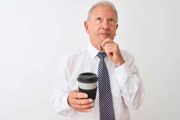 Senior Grey Haired Businessman Drinking Take Away Coffee Isolated White — Stock Photo, Image