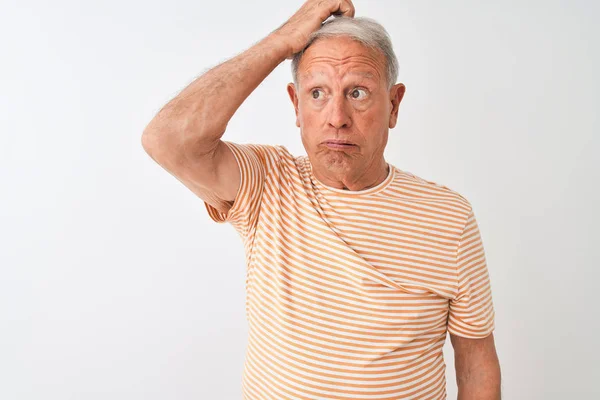 Senior Grey Haired Man Wearing Striped Shirt Standing Isolated White — Stock Photo, Image