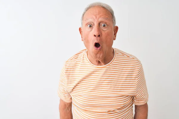 Senior Grey Haired Man Bär Randig Shirt Stående Över Isolerad — Stockfoto