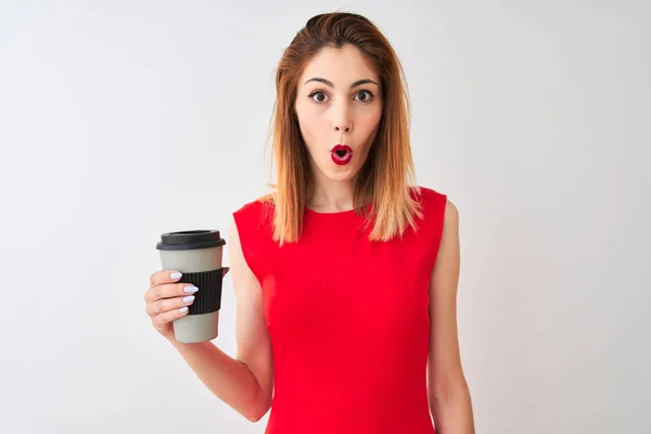 Young Beautiful Redhead Woman Drinking Take Away Coffee Isolated White — Stock Photo, Image