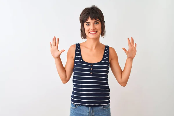 Young Beautiful Woman Wearing Striped Shirt Standing Isolated White Background — Stock Photo, Image