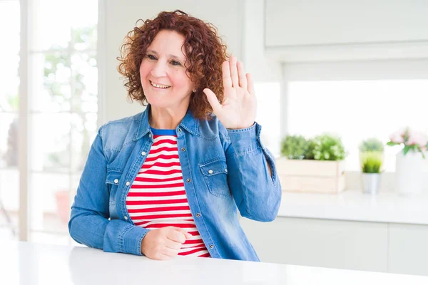 Middle Age Senior Woman Curly Hair Wearing Denim Jacket Home — Stock Photo, Image
