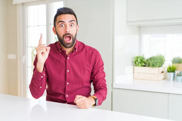 Handsome Hispanic Business Man Pointing Finger Successful Idea Exited Happy — Stock Photo, Image