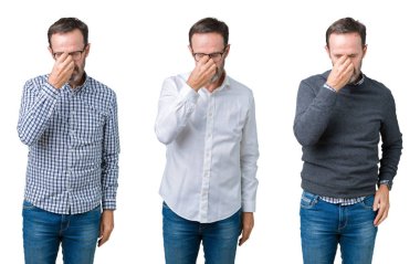 Kolaj yakışıklı üst düzey iş adamı üzerinde beyaz bir arka plan duygu yorgunluk ve baş ağrısı gözleri ve burun sürtme yorgun izole. Stres ve hayal kırıklığı kavramı.