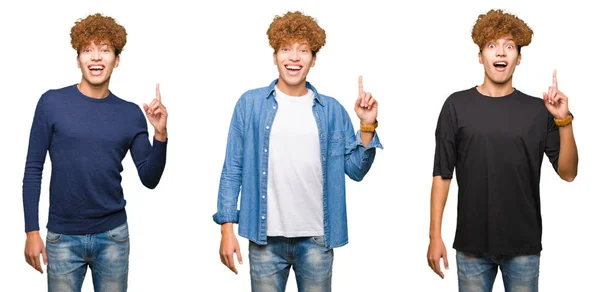 Koláž Mladých Mužů Kudrnatými Vlasy Izolované Bílé Pozadí Ukazující Prstem — Stock fotografie