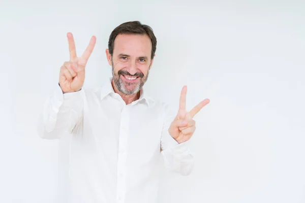 Elegant Senior Man Isolated Background Smiling Looking Camera Showing Fingers — Stock Photo, Image