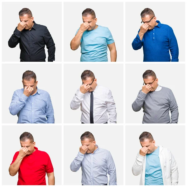 Izole arka plan yorgun sürtünme burun ve gözler üzerinde orta yaş Arap adam Kompozisyon yorgunluk ve baş ağrısı hissi. Stres ve hayal kırıklığı kavramı.